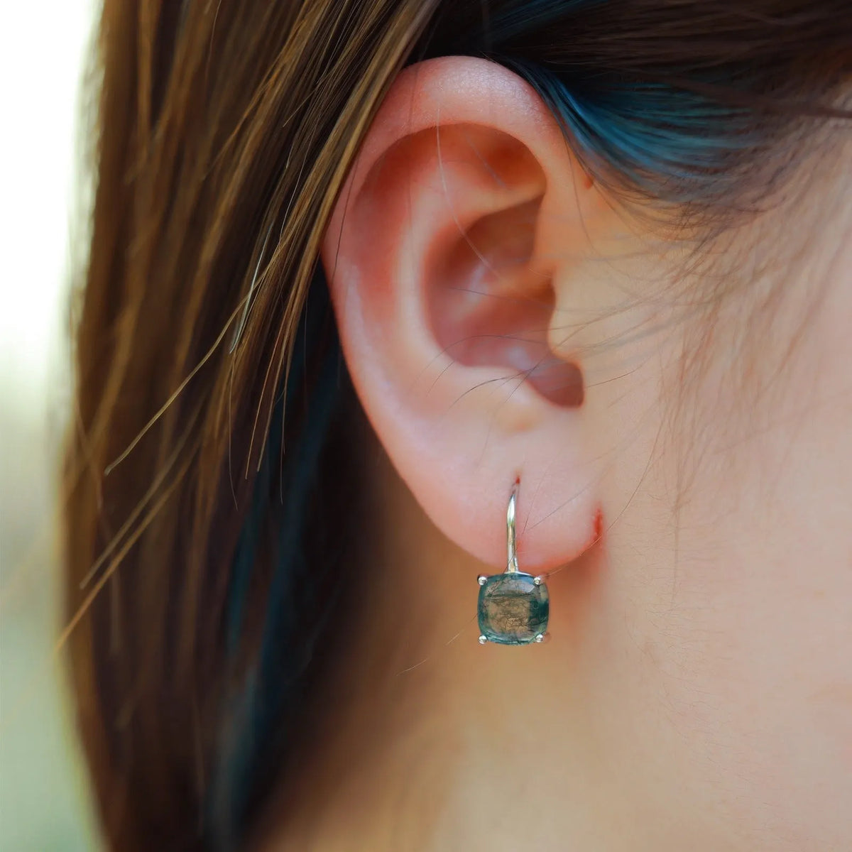 Green moss agate stud earrings in 925 silver with 8 x 8mm geometric quadrilateral stones
