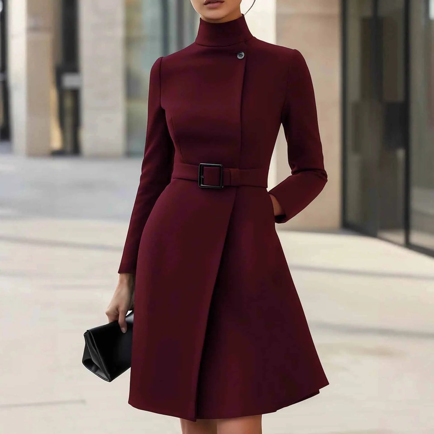 Women's black Bohemian style dress with stand collar, high waist, long sleeves, and zipper closure
