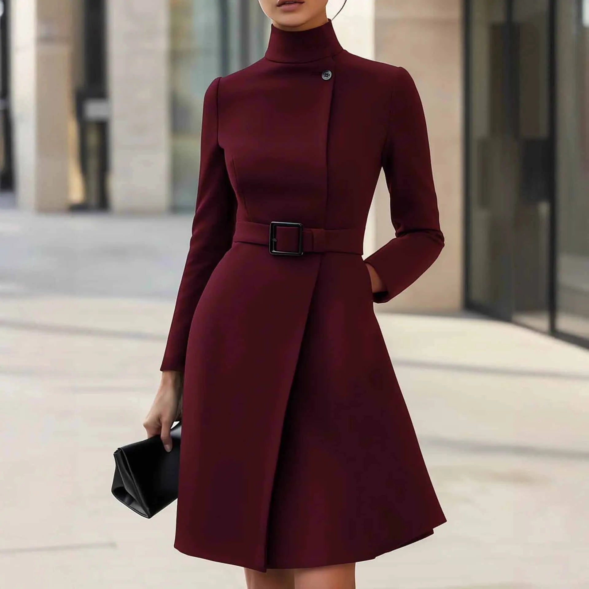 Women's black Bohemian style dress with stand collar, high waist, long sleeves, and zipper closure