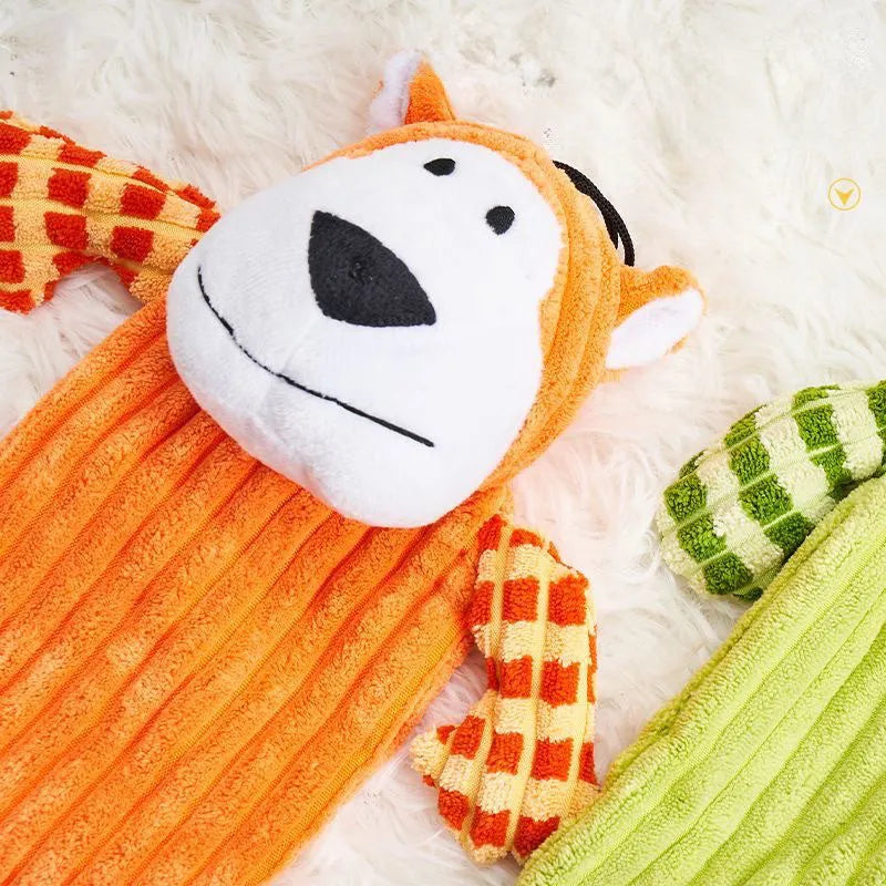 Green and orange immortal squeaker plush dog toy for aggressive chewers with dental cleaning surface
