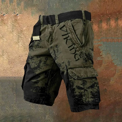 Man wearing grey 3D digitally printed polyester shorts with a zip fastening.