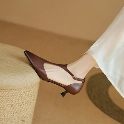 Women's black and brown cowhide leather high heels with pointed toe design