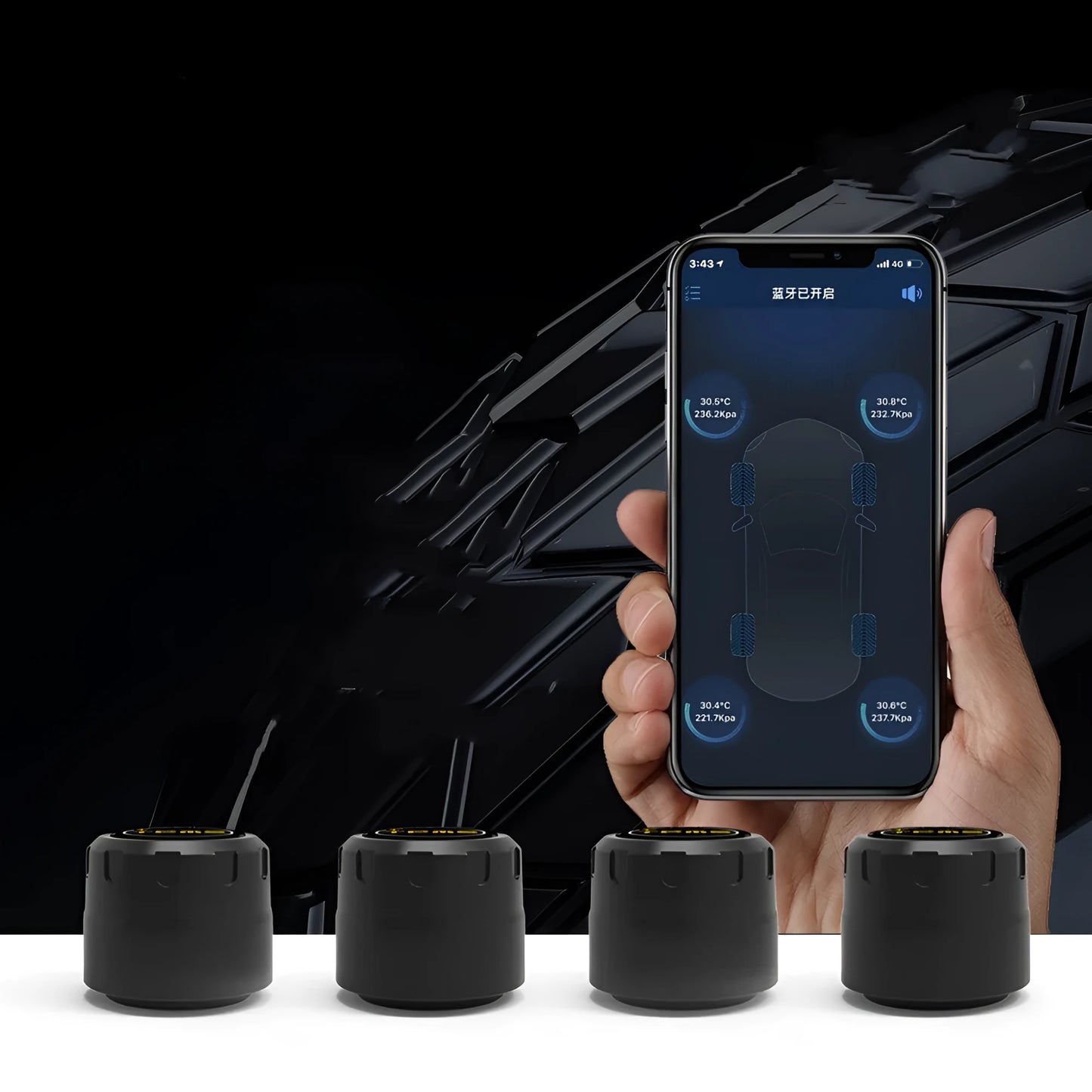Bluetooth 5.0 automotive tyre pressure monitoring system with four black external sensors, a wrench, and anti-theft screws.