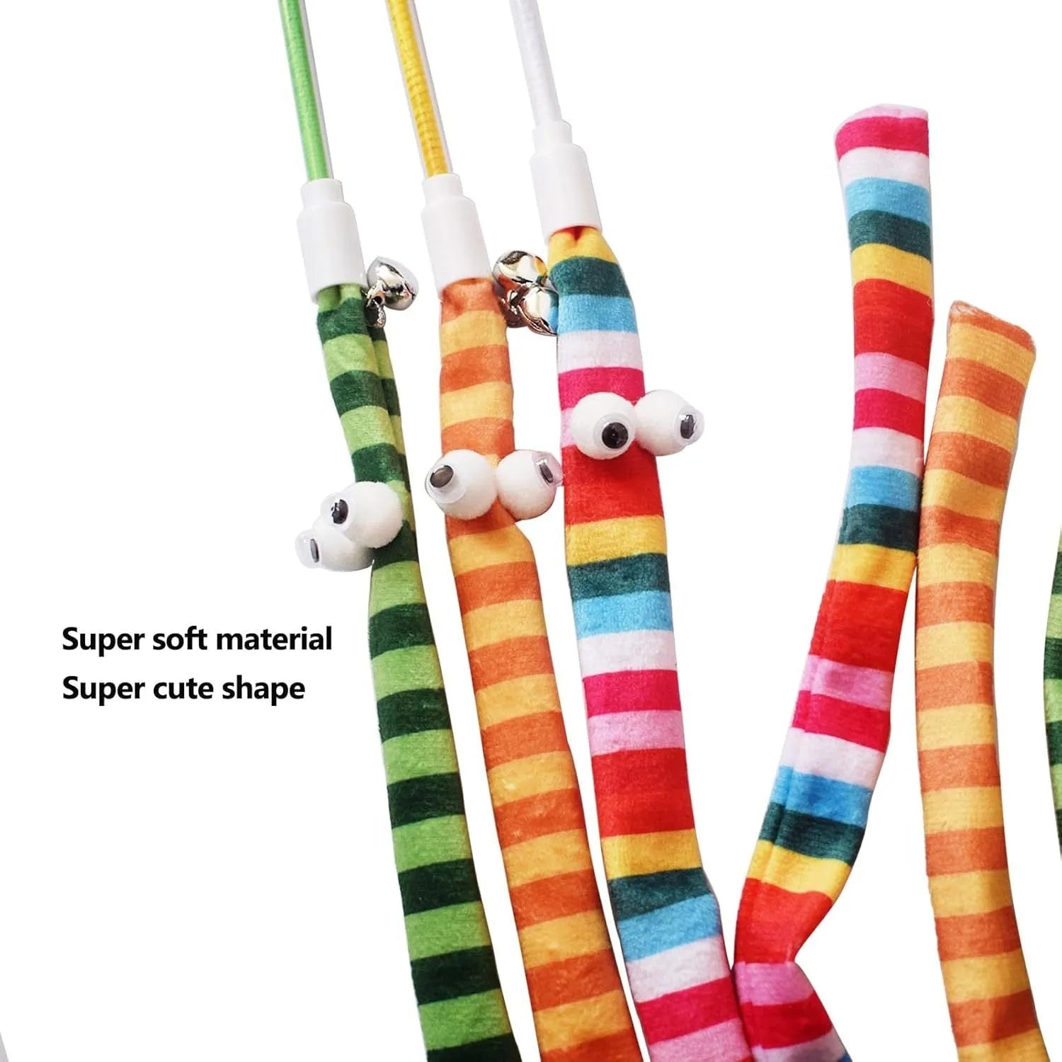 Interactive cat wand toy with a polycarbonate handle and a long green plush strip with a bell.