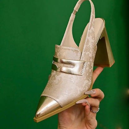 Korean style women's chunky heel sandals with pointed toe and high-cut elastic strap in three colours.