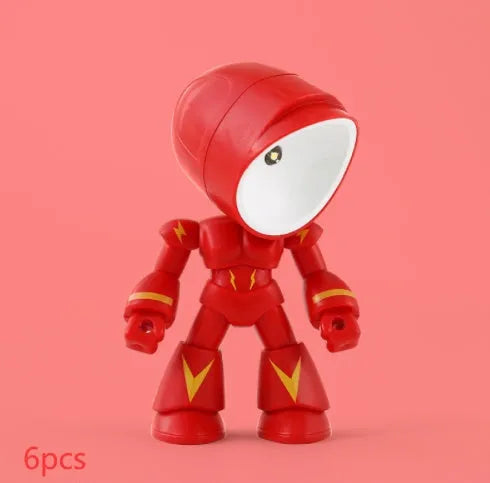 Mini mecha robot hero LED night light with adjustable arms on a desk.