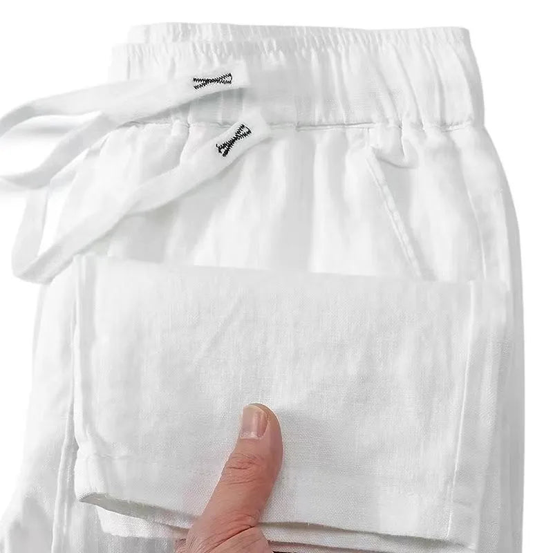 Pure linen Chinese-style straight-leg trousers with elastic drawstring waist in multiple colours