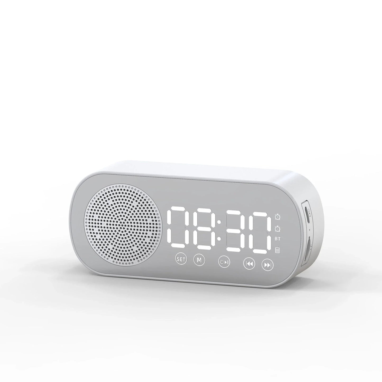 Versatile Bluetooth alarm clock with mirror finish, FM radio, and phone holder