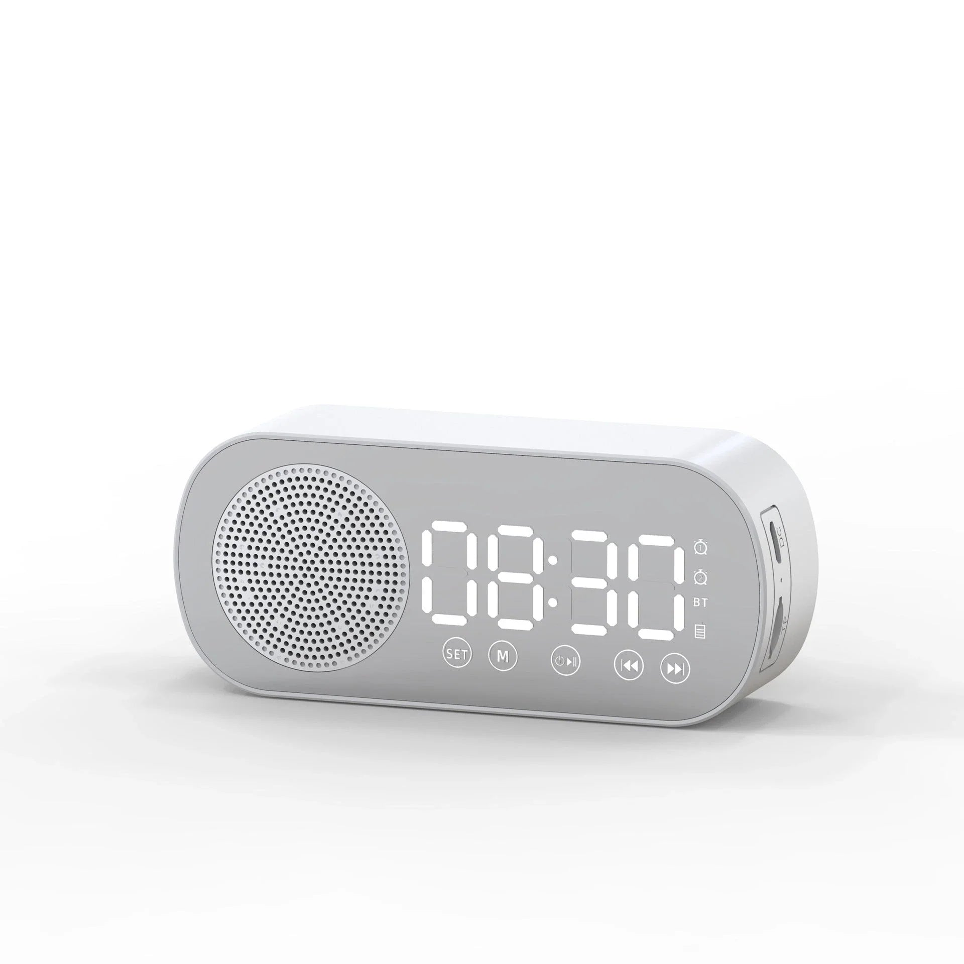 Versatile Bluetooth alarm clock with mirror finish, FM radio, and phone holder