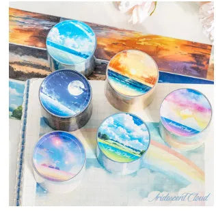 Japanese paper washi tape roll with sky theme decoration, 30mm width, showing colourful clouds pattern