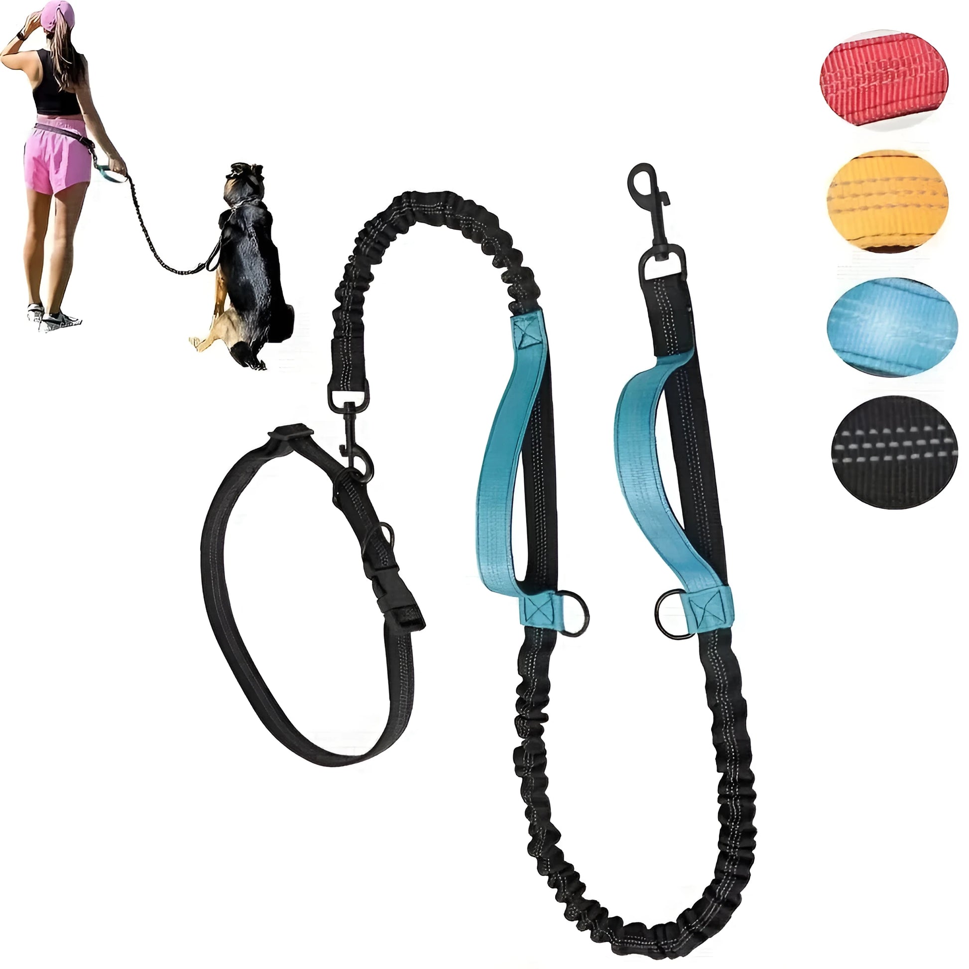 Nylon hands-free dog leash with adjustable waist belt shown in multiple colours