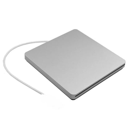 Ultra-thin silver Type-C external CD DVD burner with suction drive, 138 x 142 x 16 mm, for 12cm and 8cm discs