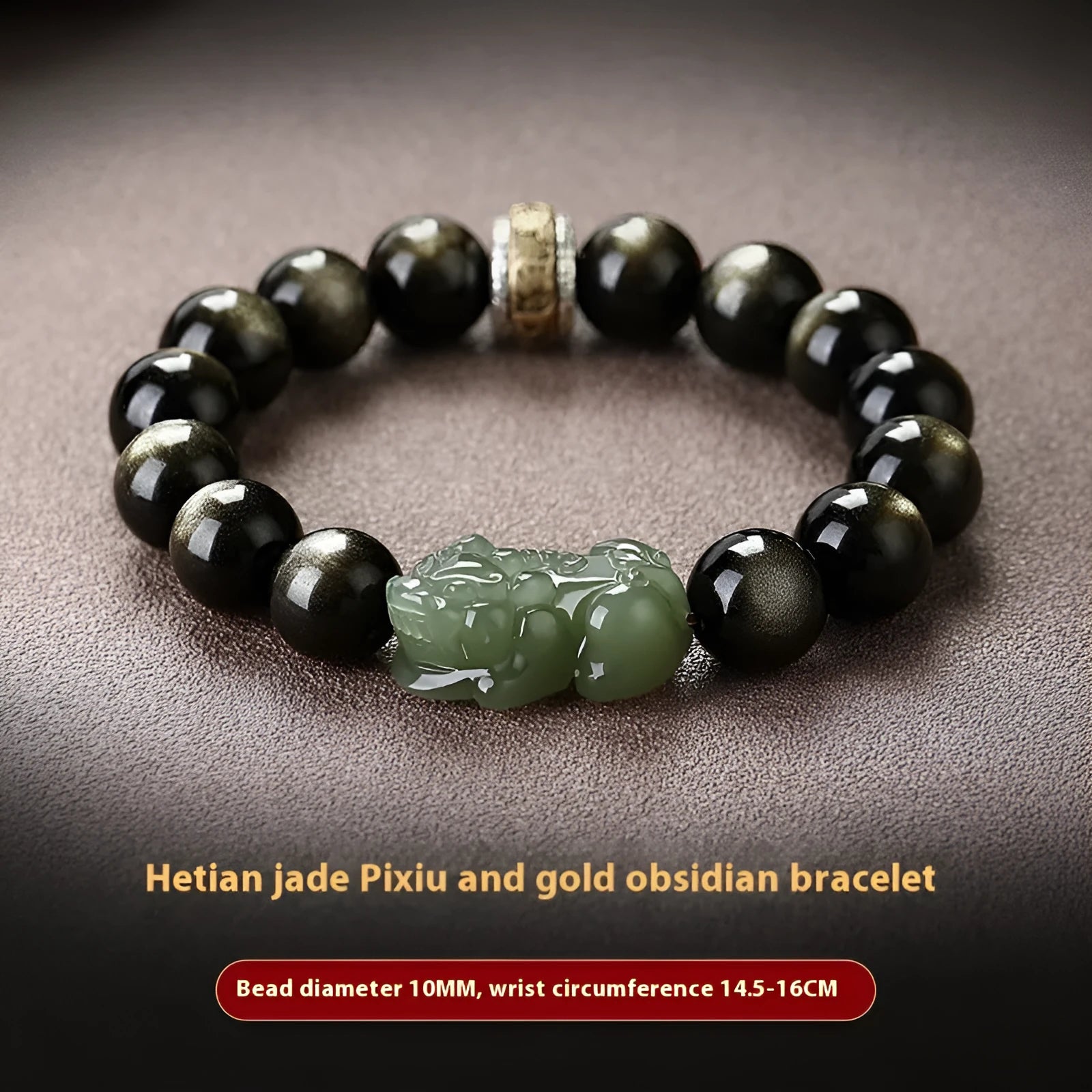 Natural Rainbow Eye Obsidian crystal bracelet in Gold Obsidian or Jade Pi Xiu colours, showing 10mm, 12mm and 14mm bead size options.