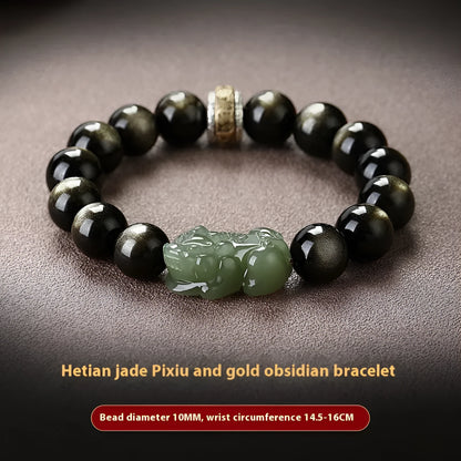 Natural Rainbow Eye Obsidian crystal bracelet in Gold Obsidian or Jade Pi Xiu colours, showing 10mm, 12mm and 14mm bead size options.