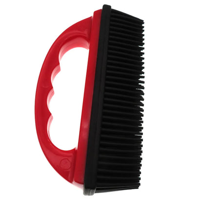 Red pet grooming brush with massage nodes for hair removal during dog or cat baths.
