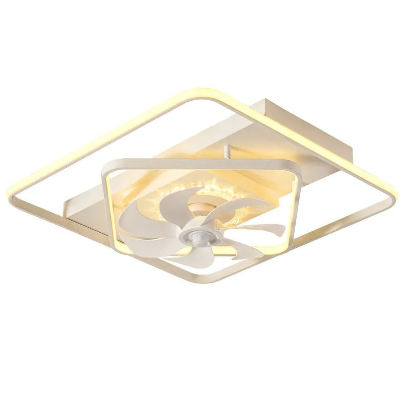 Modern ceiling fan lamp with light, 1100mm by 700mm, thin suction design, acrylic lampshade, in a bedroom setting