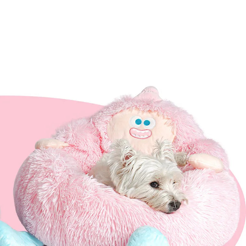 Grey plush pet nest bed with high sides for cats and small dogs