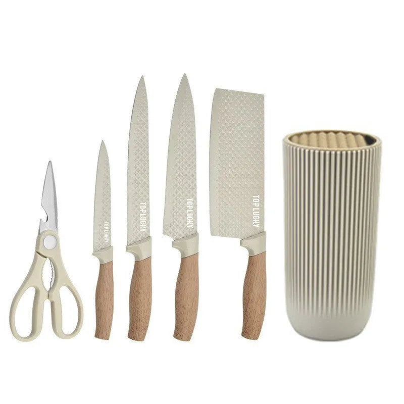 Five-piece kitchen knife set with stainless steel dish knife, scissors and khaki wood grain PP TPR handles
