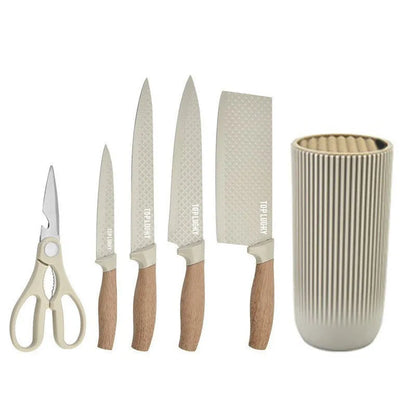 Five-piece kitchen knife set with stainless steel dish knife, scissors and khaki wood grain PP TPR handles