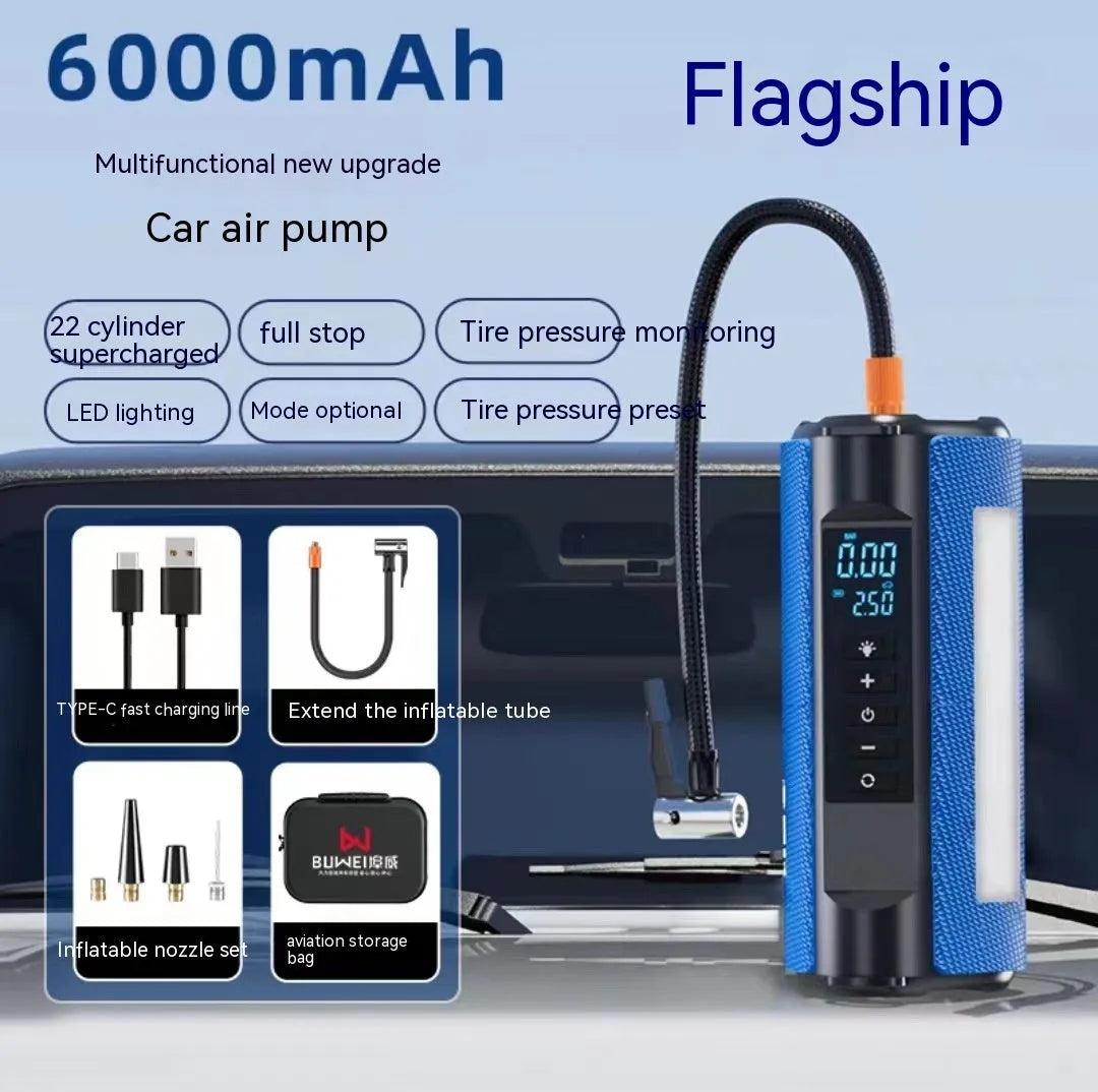 Black portable car tyre inflator with digital display, LED light, and connected air hose on a grey background