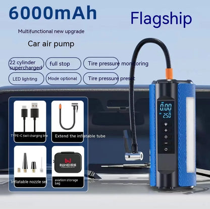 Black portable car tyre inflator with digital display, LED light, and connected air hose on a grey background