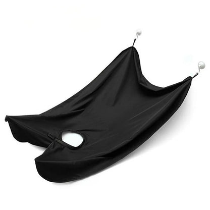 Professional transparent barber shaving cape with built-in tool tray and suction cup, shown in black.