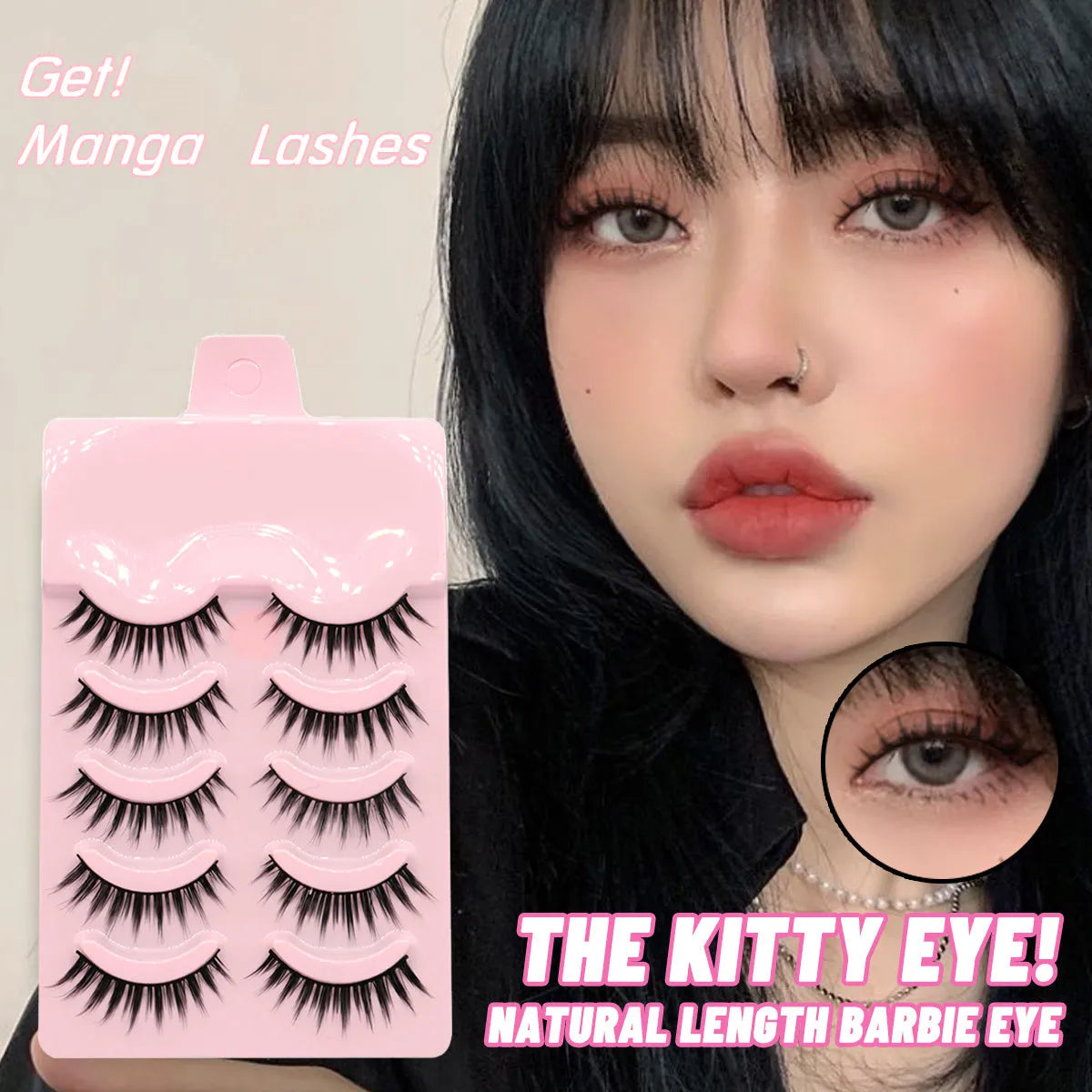 Three styles of black anime false eyelashes on a white background from a 15-pair pack.