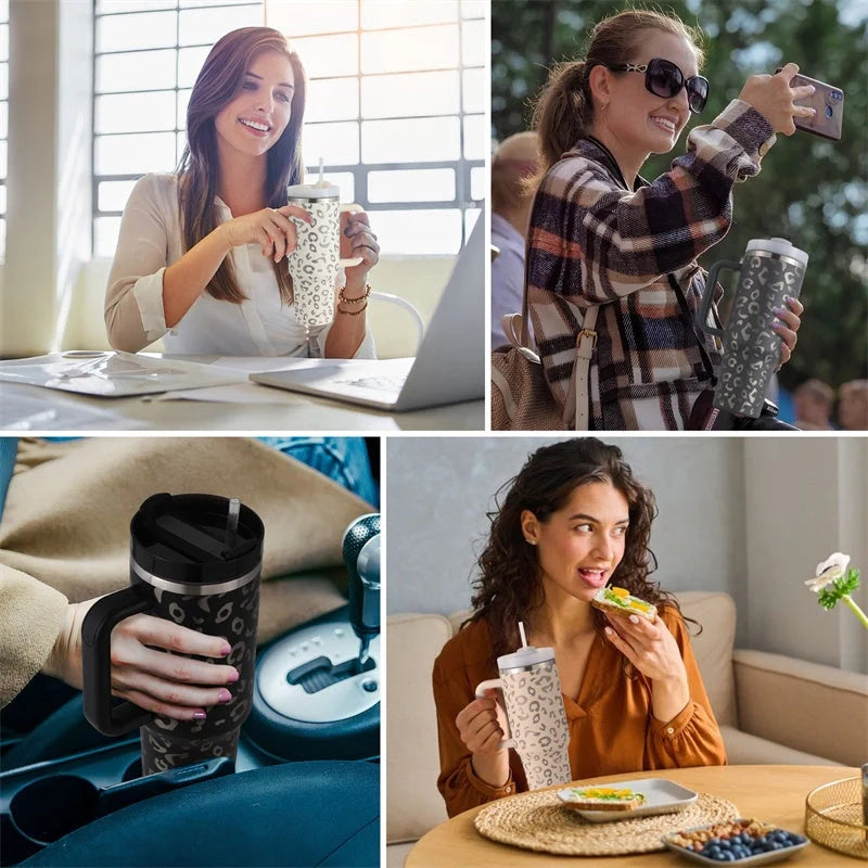 40oz stainless steel straw coffee mug with handle, ideal for travel