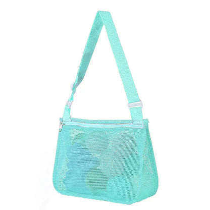 Blue children's drawstring travel storage bag made of nylon mesh for organising toys and clothes.