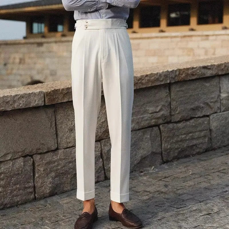 Slim fit straight leg business trousers in apricot colour on a hanger