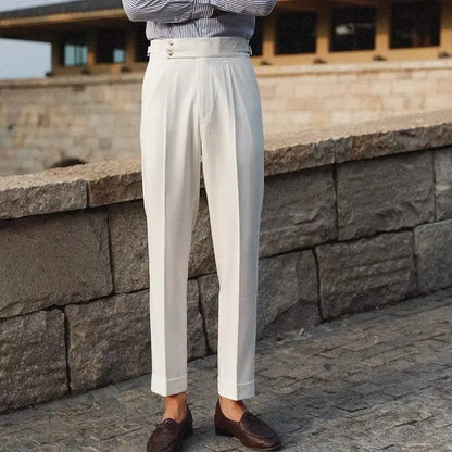 Slim fit straight leg business trousers in apricot colour on a hanger