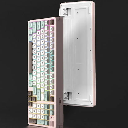 RGB illuminated plastic desktop keyboard with a long cable, shown in various colour options.