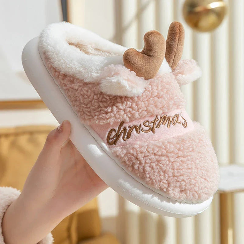 Cozy elk-themed winter home slippers in various candy colors with soft suede upper and supportive EVA sole