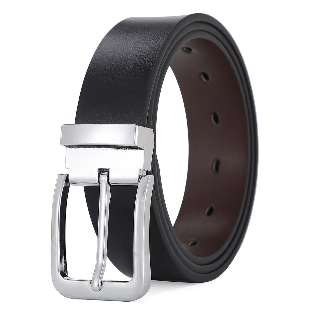 Men's genuine leather belt with an alloy pin buckle showing an embossed water drop pattern.
