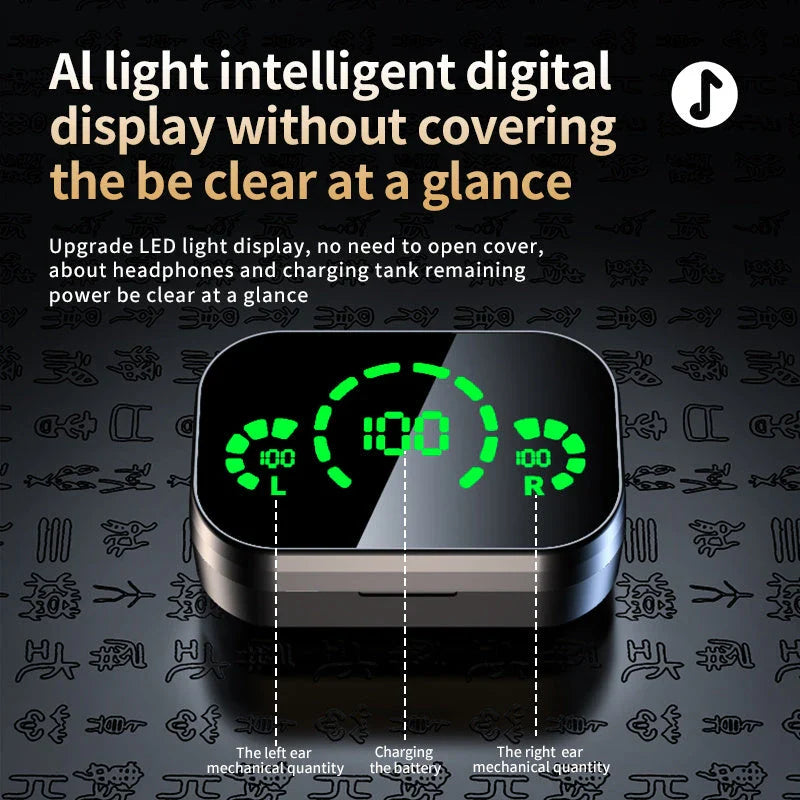 Sleek wireless Bluetooth earbuds with smart LED display, noise-cancelling microphone, and high-fidelity graphene diaphragms