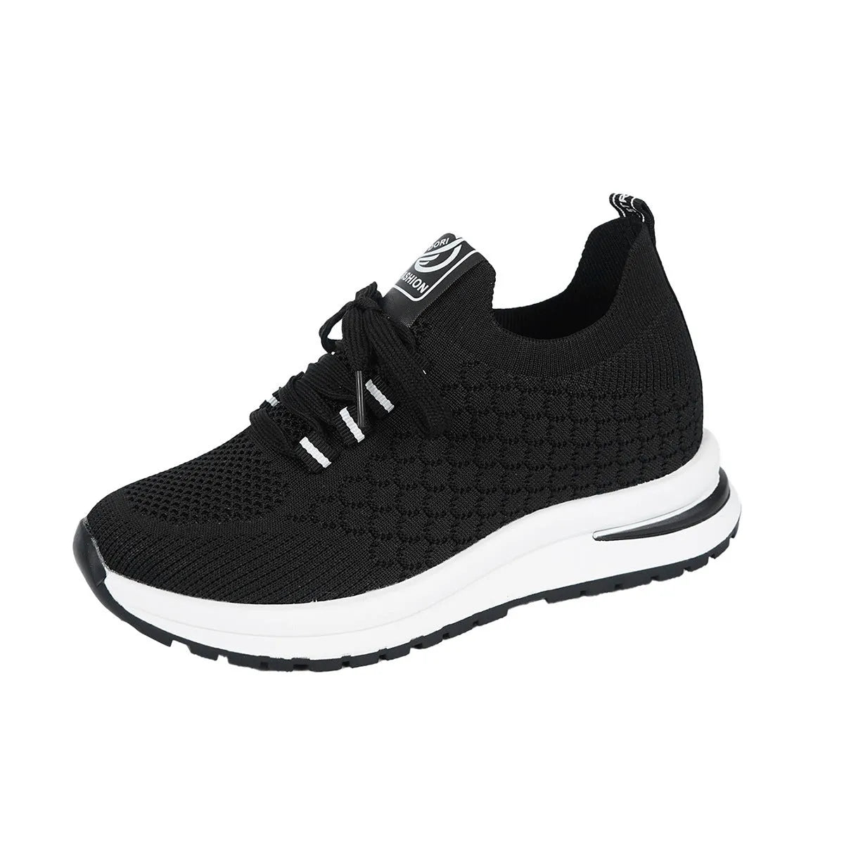 Women's flat lace-up mesh sneakers in black and white colours with round toe