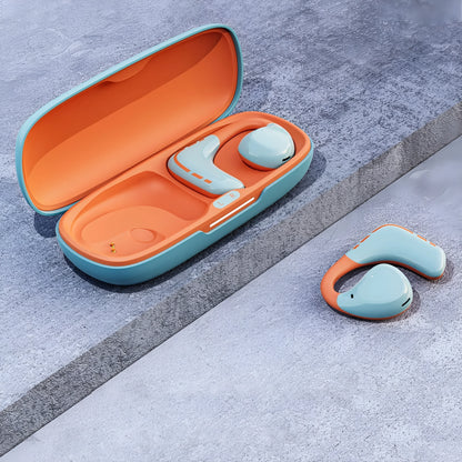 Blue and orange wireless Bluetooth sports headset with ear hook design for secure fit during activity