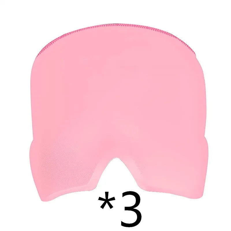 Black elastic cloth gel cold compress eye mask for headache relief on a grey background.