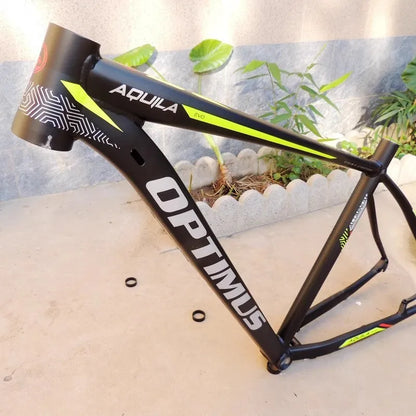 29-inch aluminium mountain bike frame in black green with disc brake mount and inner cable routing
