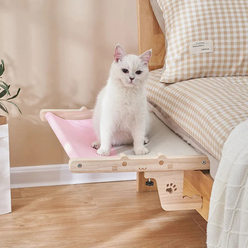 Wooden cat hanging bed hammock mounted by a window in a choice of seven colours