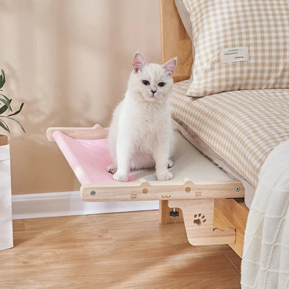 Wooden cat hanging bed hammock mounted by a window in a choice of seven colours