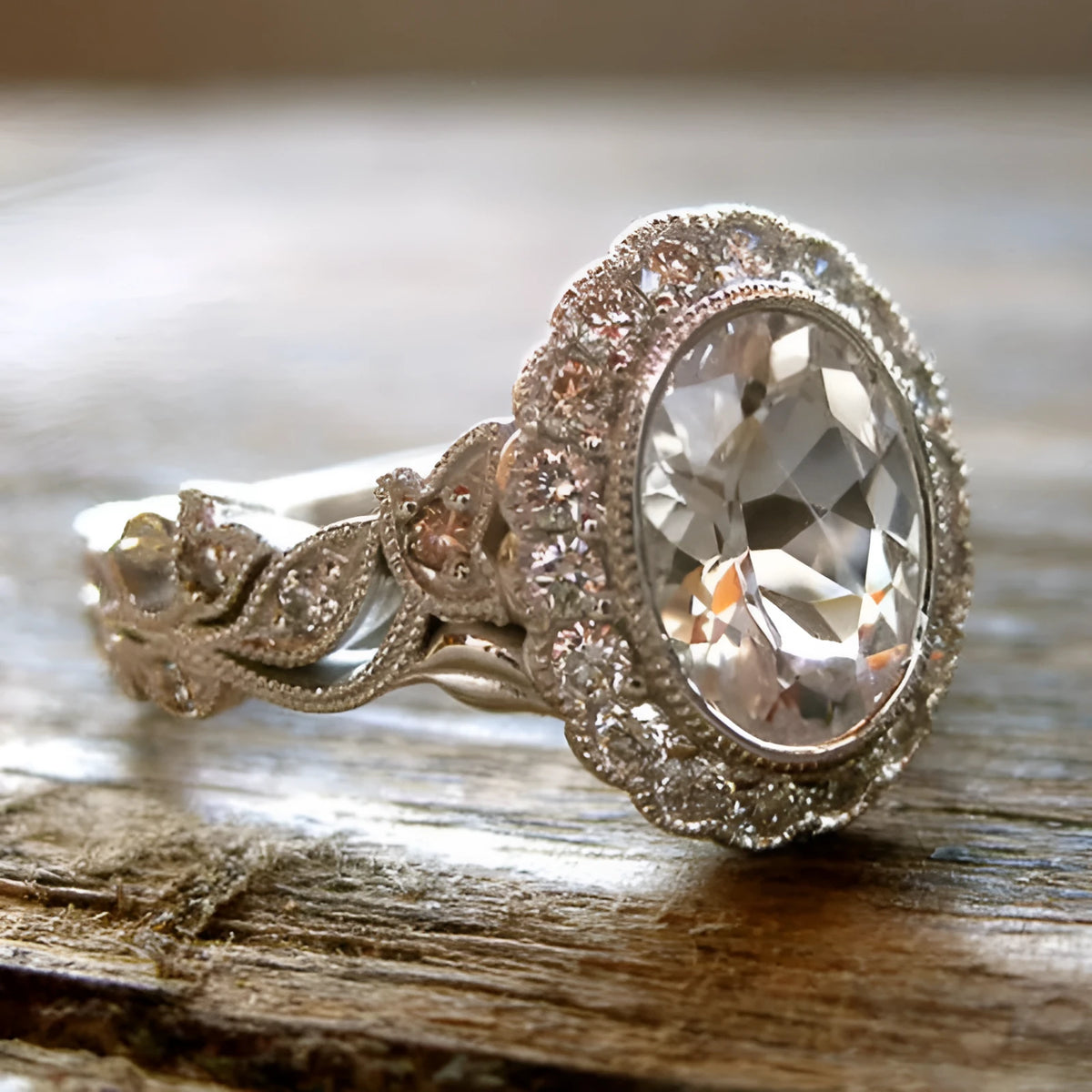 Round zircon ring with geometric design in F1770 white gold colour plating, available sizes 6 to 10