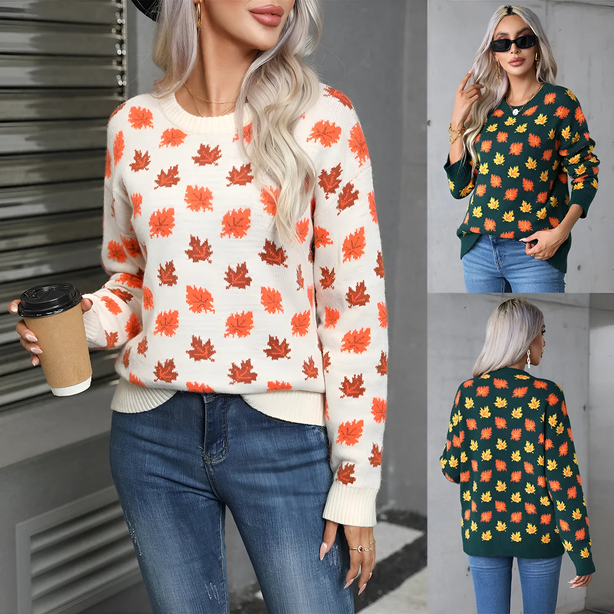 Maple leaf Christmas loose knit pullover sweater in beige or dark green with contrast colour detail