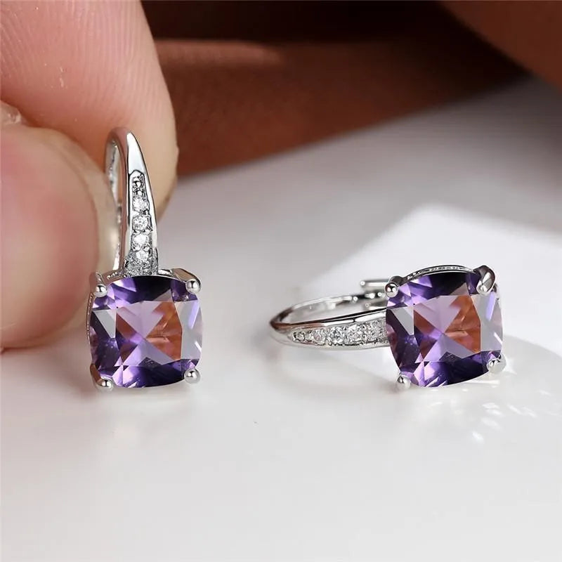 Square zircon inlaid geometric ear hooks in Korean style with electroplated finish