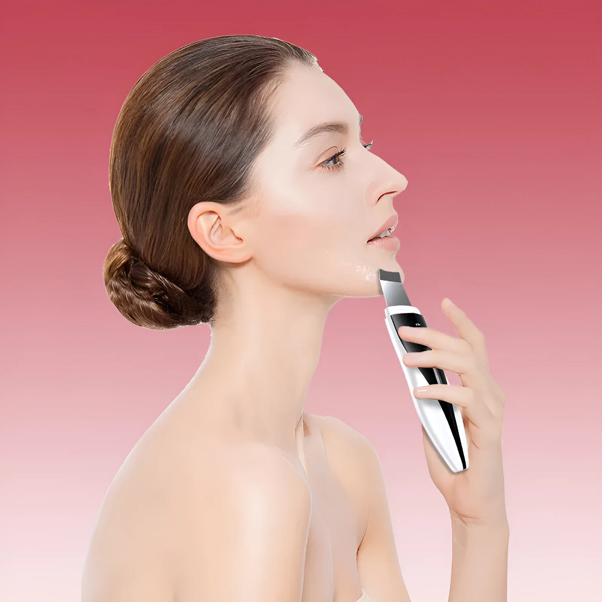 Ultrasonic electric beauty instrument in black and white with stainless steel scraper, USB charging, and four light modes.