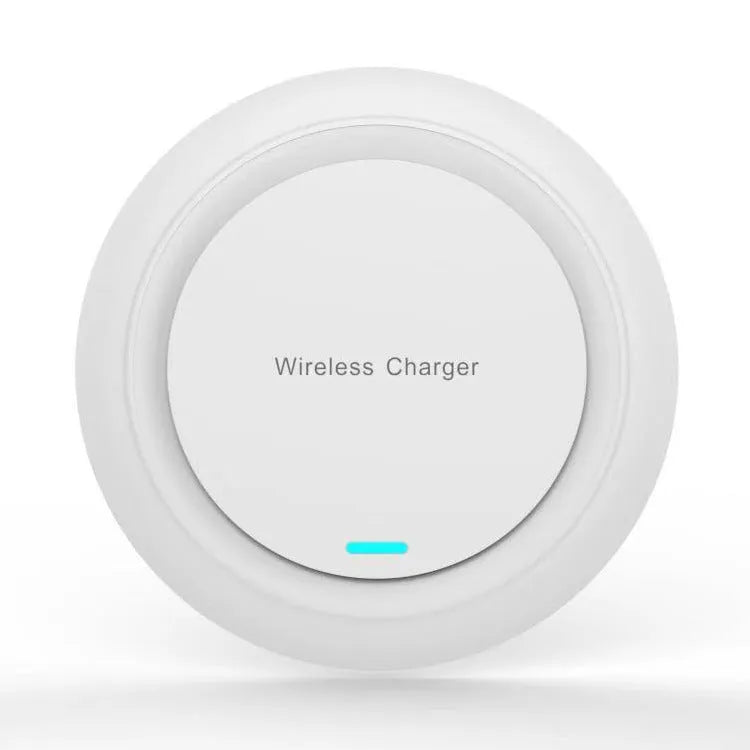 Round desktop wireless charger showing black and white colour options with USB cable