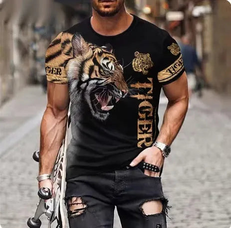 Men's black t-shirt with a fierce 3D printed lion graphic on the chest.