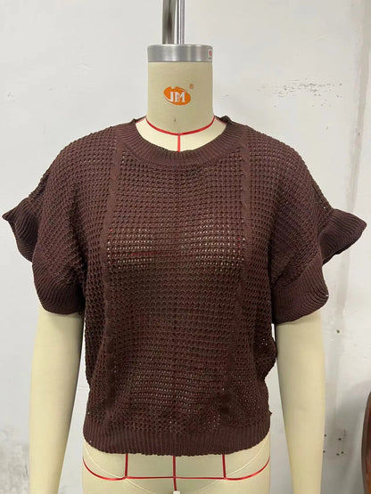 Loose round neck knitted pullover sweater with twisted string ruffled short sleeves in dark brown.