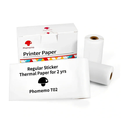 White mini pocket Bluetooth thermal label printer, 87x90x40mm size, with sample paper roll and USB charging