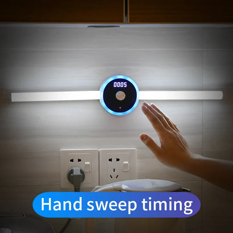 Multifunctional LED cabinet light with clock, motion sensor, and versatile features for home and office organization